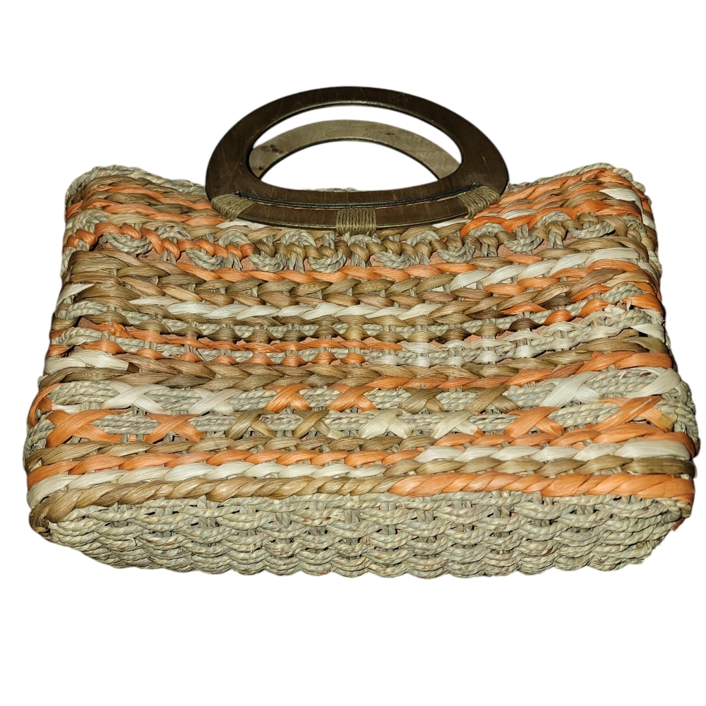 Woven Handle Top Bag with Wooden Handles